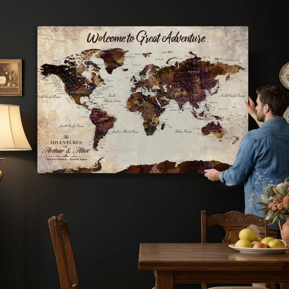 64110391126-MGV-CV-36X24 - Custom Beige World Travel Map Wall Art with Pins, Places Visited Tracker, Family Room and Entryway Decor