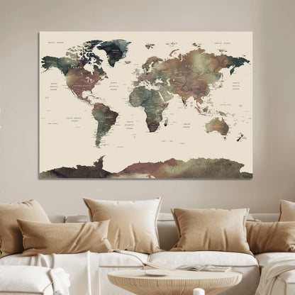 Push Pin World Map Canvas Print – Framed Wall Art for Couples to Track Their Travels – Anniversary Gift or Home Adventure Decor