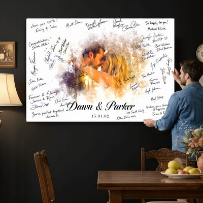 74713307-MGV-CV-36X24 - Wedding Guest Book Alternative Wall Art Canvas Print, Personalized Couple Photo Guestbook Wedding Signature Poster, Custom Couple Photo Guestbook Canvas, Bridal Shower Reception Decor