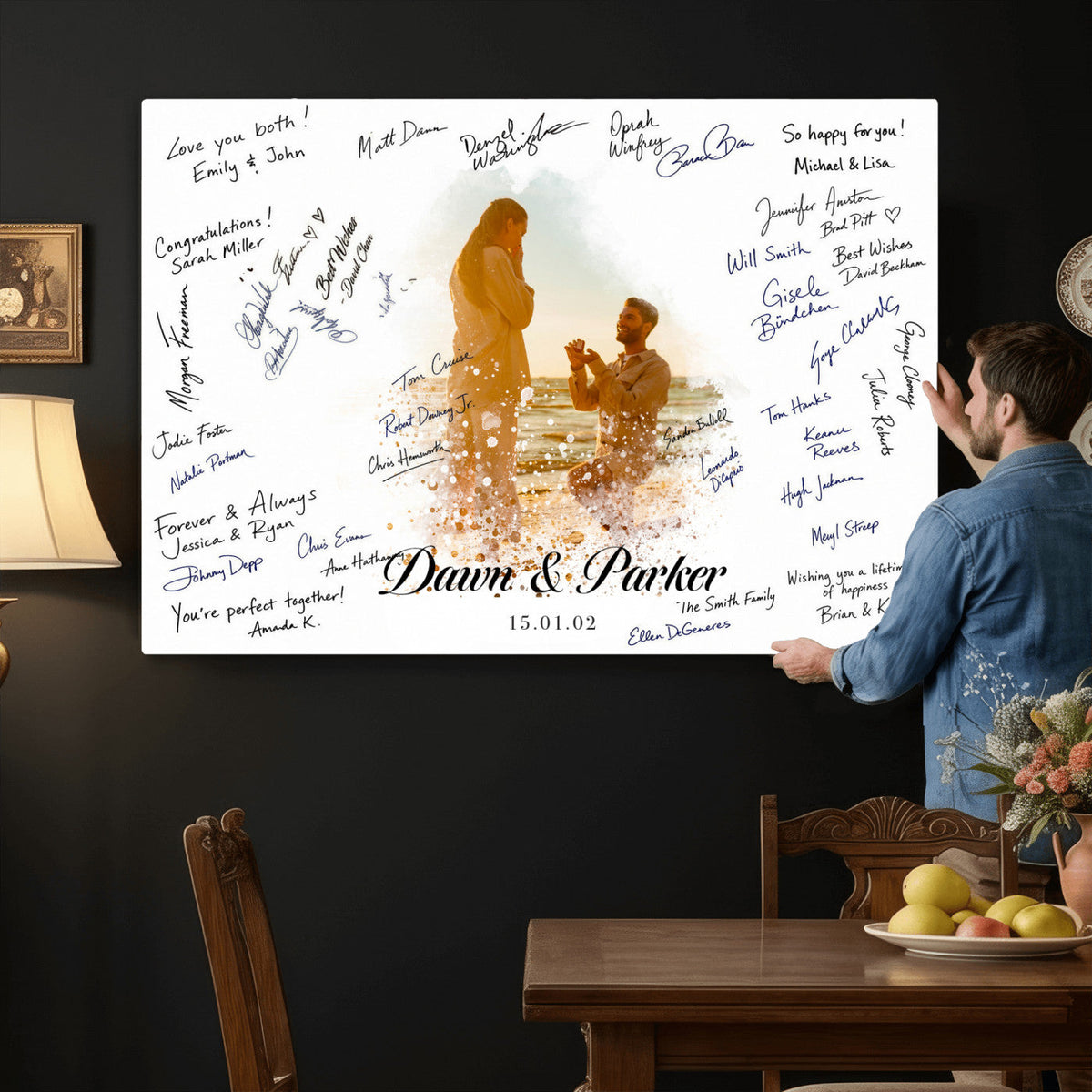 75692697-MGV-CV-36X24 - Wedding Guest Book Alternative Wall Art Canvas Print, Personalized Couple Photo Guestbook Wedding Signature Poster, Custom Couple Photo Guestbook Canvas, Bridal Shower Reception Decor