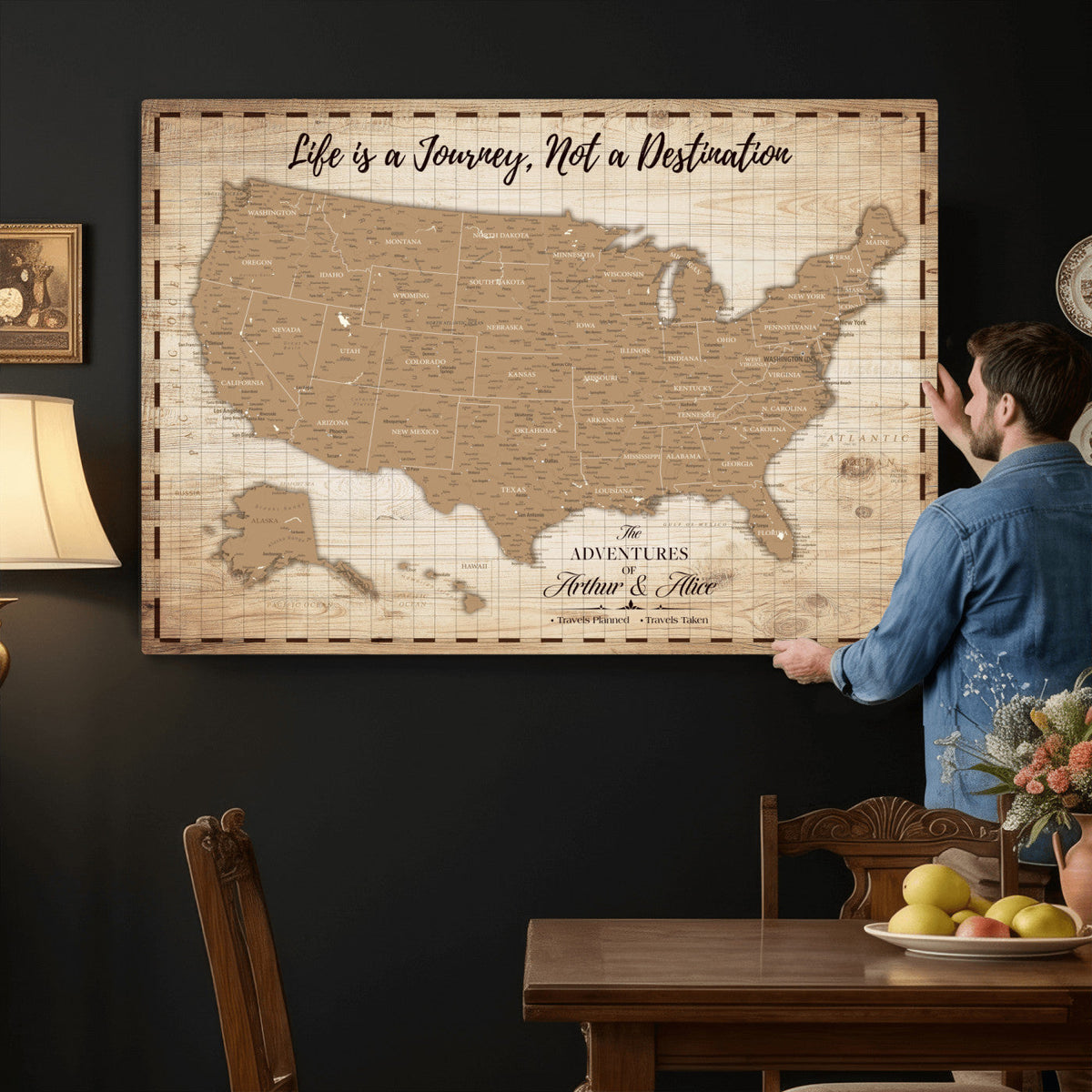 19102499-MGV-CV-36X24 - Personalized USA Push Pin Travel Map, Custom United States Map, Push Pin Map, USA Bucket List Map, Anniversary Gift | Couple Travel Map Wall Art