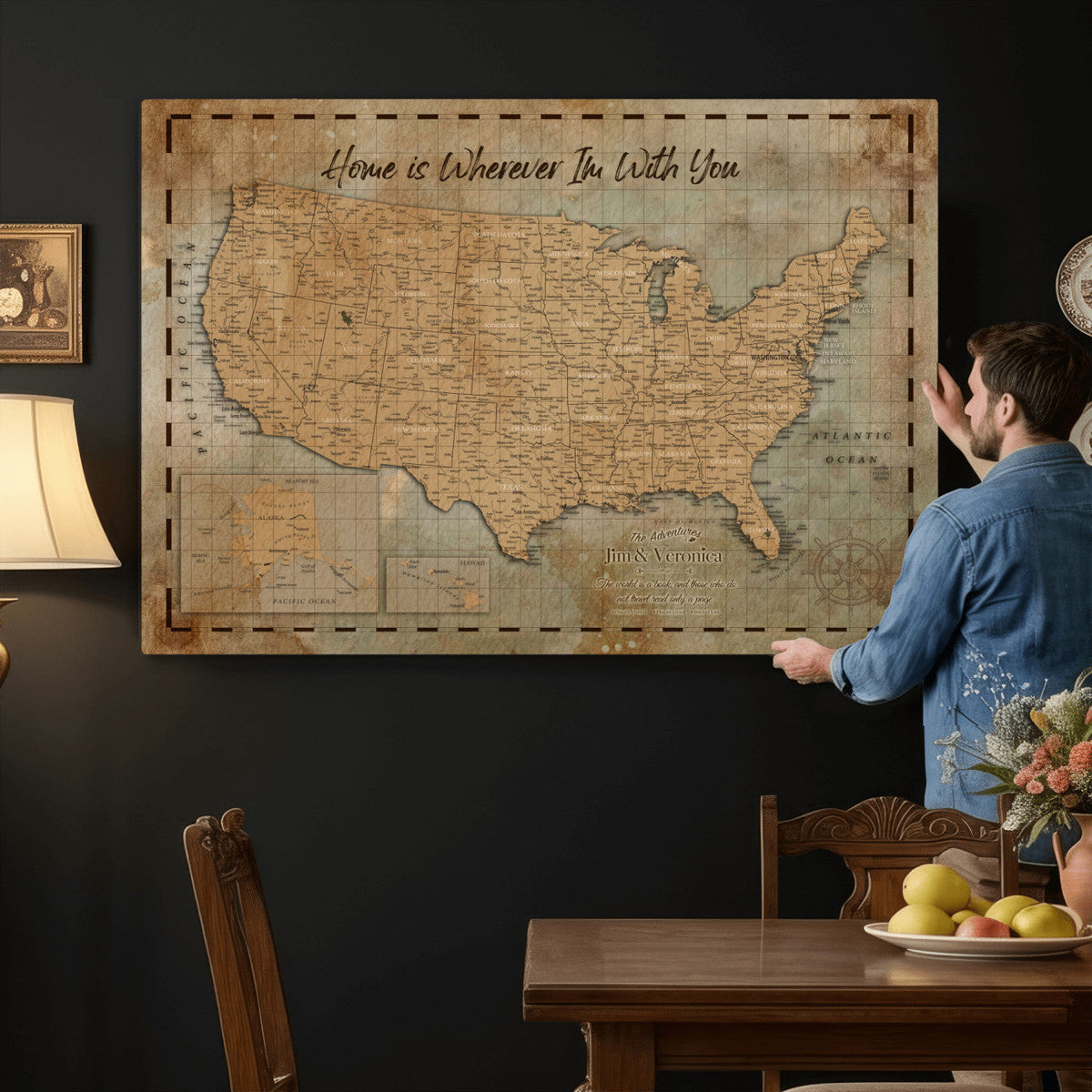 87620242-MGV-CV-36X24 - Personalized USA Push Pin Travel Map Wall Art Canvas Print | Custom United States Map | Push Pin Map - USA Bucket List Map