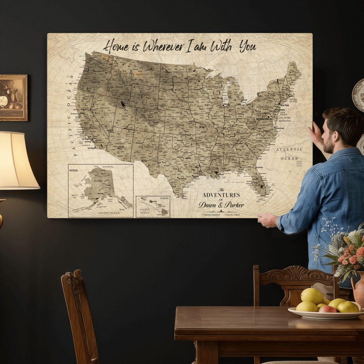 25440520-MGV-CV-36X24 - Detailed Personalized Push Pin United States Map Wall Art, States Visited Map, Office and Hallway Decor