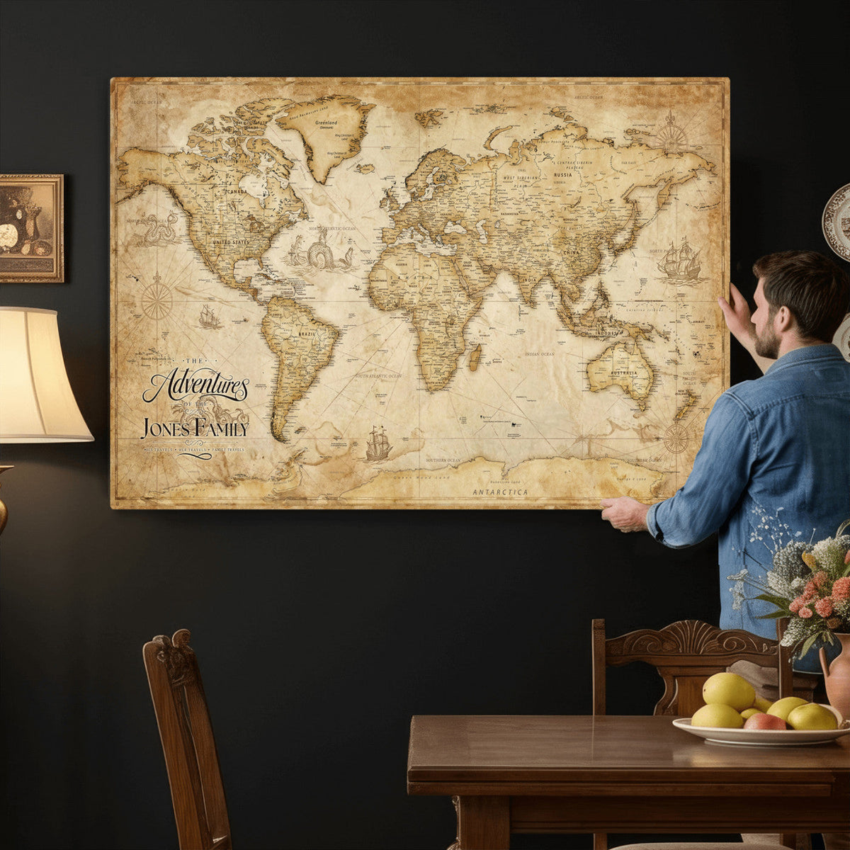 60956619-MGV-CV-36X24 - Custom Push Pin World Map Canvas Print | Personalized Travel Map Wall Art