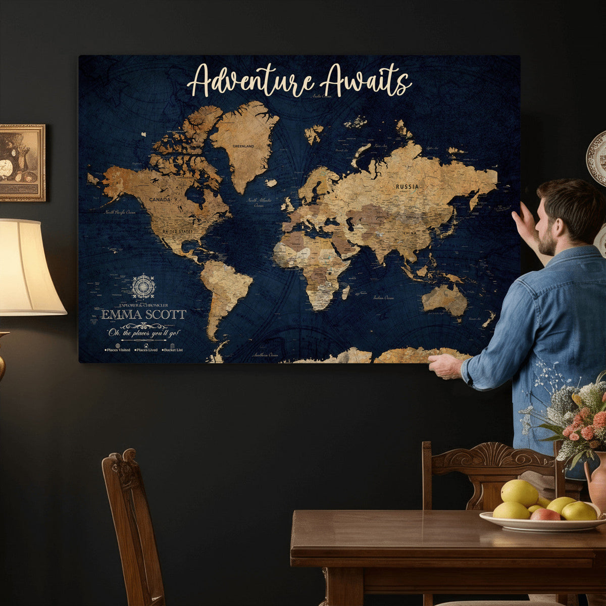 44399597-MGV-CV-36X24 - Custom Push Pin World Map Canvas Print | Personalized Travel Map Wall Art