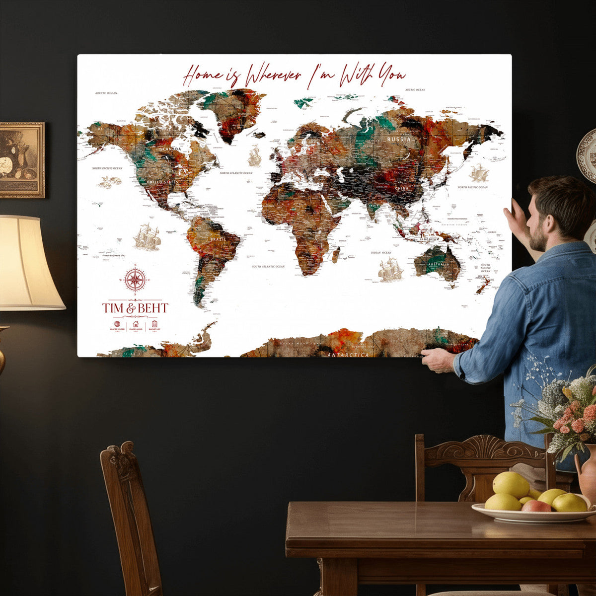 116MESUT-MGV-CV-36X24 - Custom Push Pin World Map Canvas Print | Personalized Travel Map Wall Art