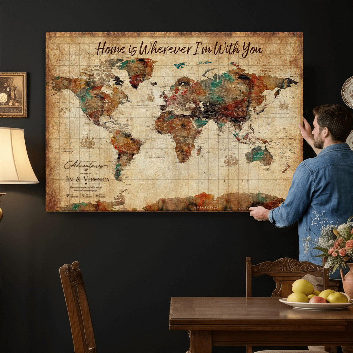 48389322-MGV-CV-36X24 - Custom Push Pin World Map Canvas Print | Personalized Travel Map Wall Art