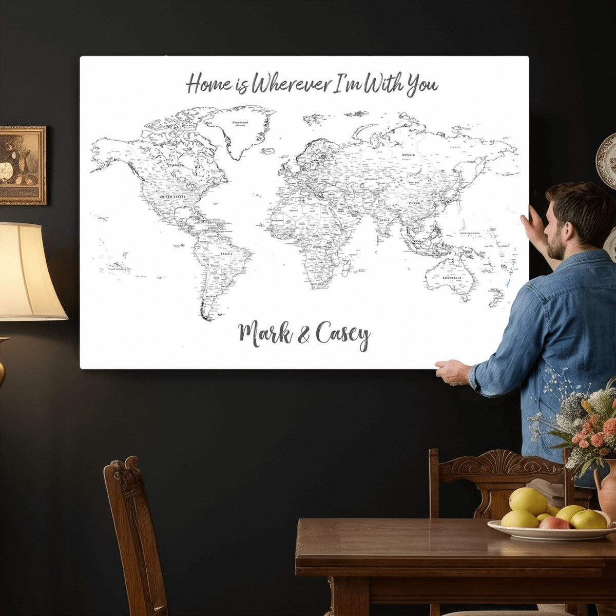 84721465-MGV-CV-36X24 - Custom Push Pin World Map Canvas Print | Personalized Travel Map Wall Art