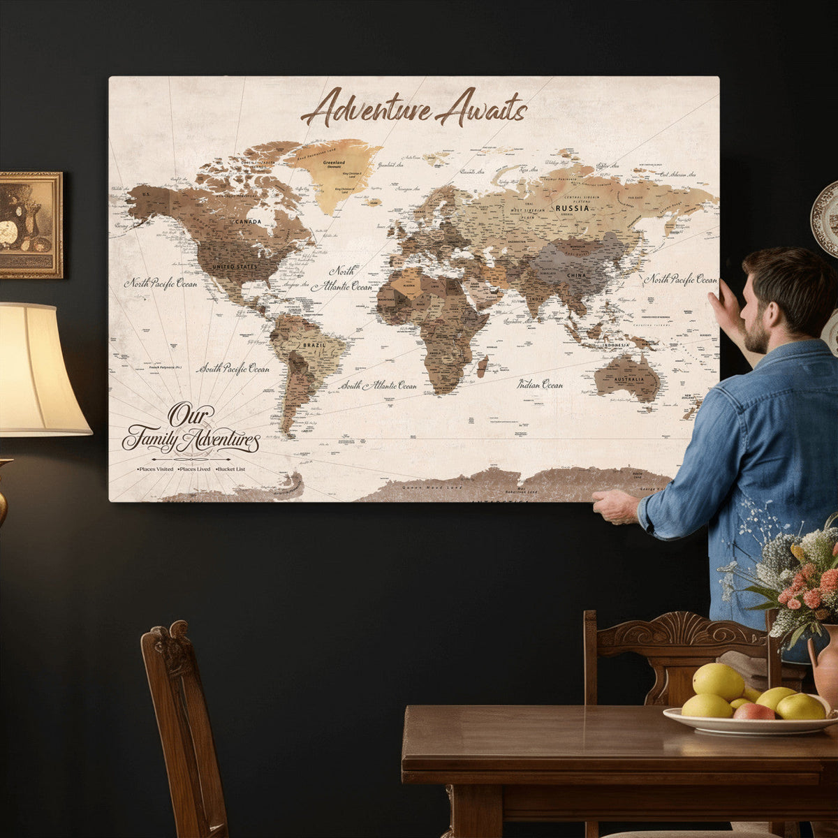 84865191-MGV-CV-36X24 - Our Family Adventures Push Pin World Map Wall Art Canvas Print - Family Travel Tracker Map with Pins