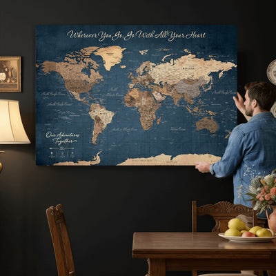 86810631-MGV-CV-36X24 - Our Family Adventures Push Pin World Map Wall Art Canvas Print - Family Travel Tracker Map with Pins
