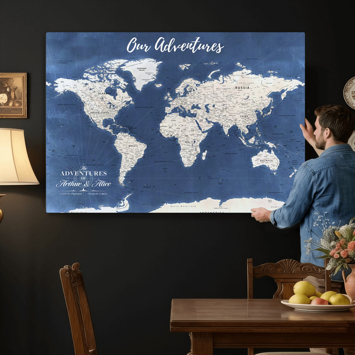 75405527-MGV-CV-36X24 - Extra Large Framed Personalize Push Pin World Map Wall Art Canvas Print for Travel Tracking - NEWMAP-113A