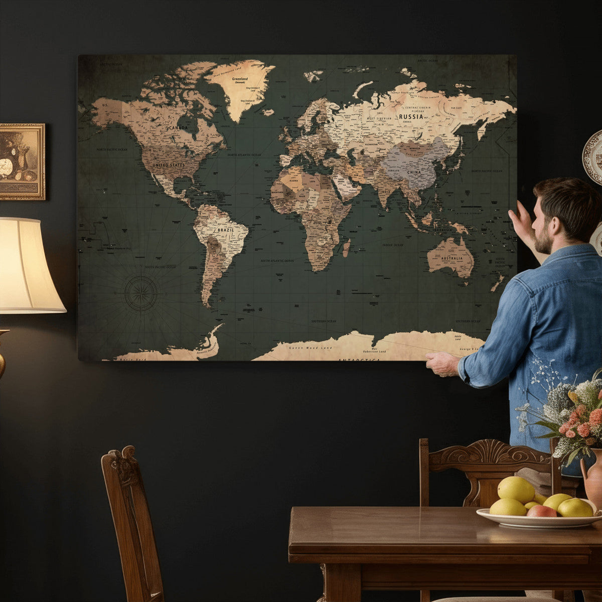 42327656-MGV-CV-36X24 - Extra Large Framed Personalize Push Pin World Map Wall Art Canvas Print for Travel Tracking - NEWMAP-116