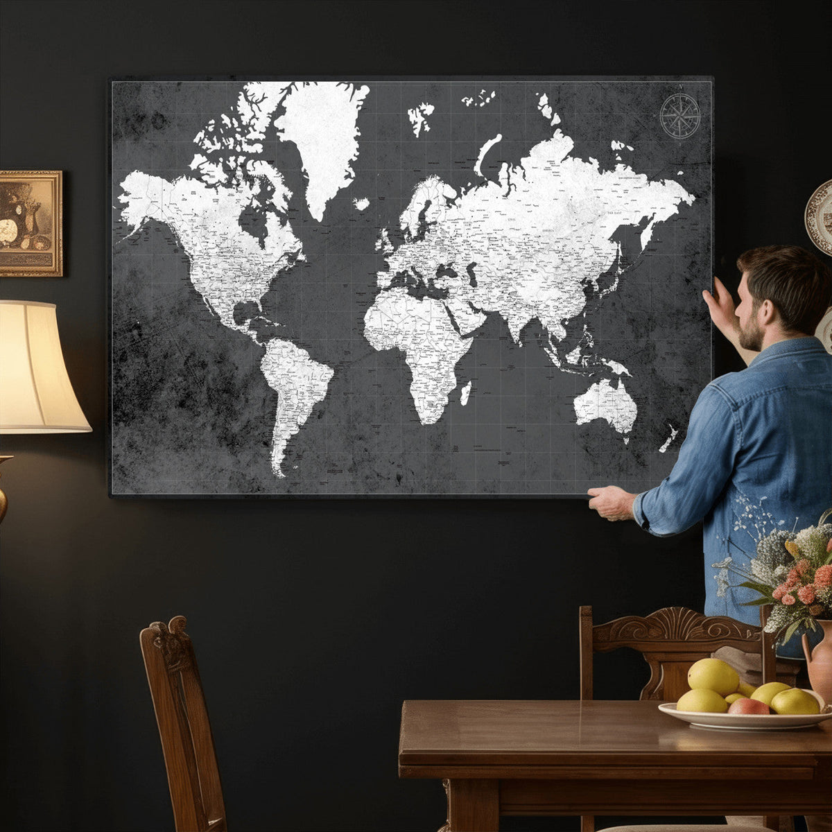 78574966-MGV-CV-36X24 - Extra Large Framed Personalize Push Pin World Map Wall Art Canvas Print for Travel Tracking - NEWMAP-128