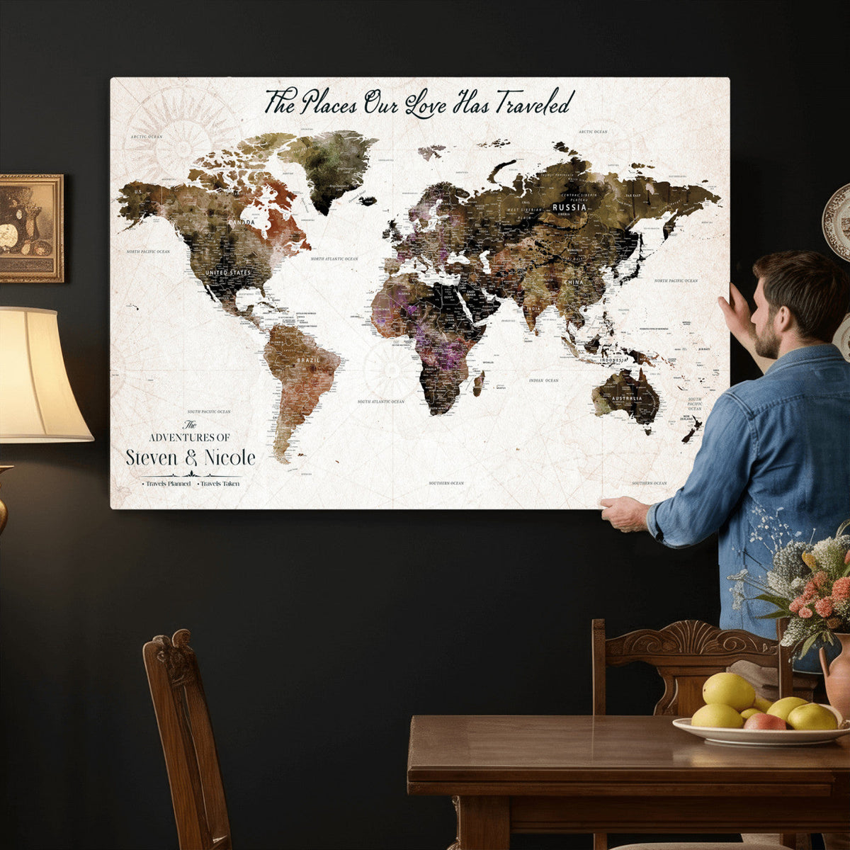 18074626D3D-MGV-CV-36X24 - Extra Large Framed Personalized Push Pin World Map Wall Art Canvas Print for Travel Tracking