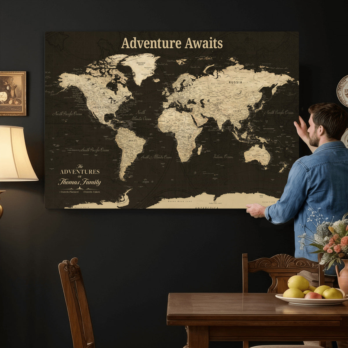 Custom Beige Modern World Travel Map Wall Art with Pins, Family Travel Tracker, Dining Room and Entryway Decor