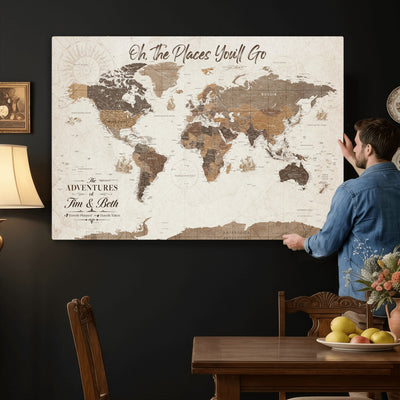 Personalized Beige Geometric Family Push Pin World Map Canvas Print, Honeymoon and Anniversary Gift, Living Room and Study Decor
