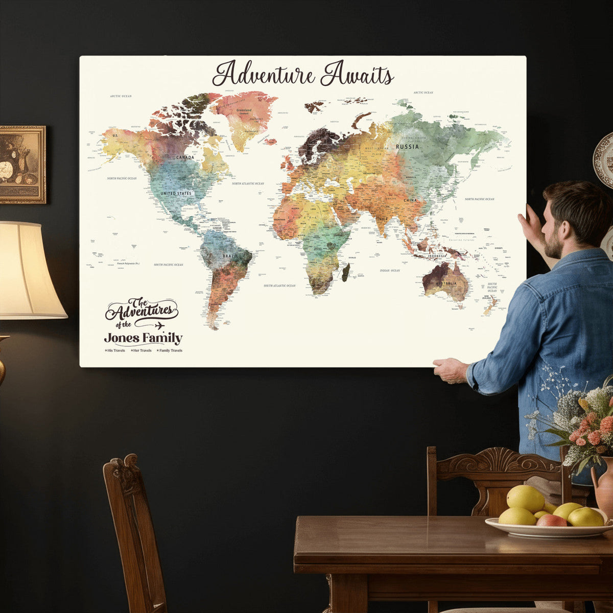 Personalized Framed Beige Modern Push Pin Travel Map Canvas Print, Family Travel Tracker, Bedroom and Home Office Decor