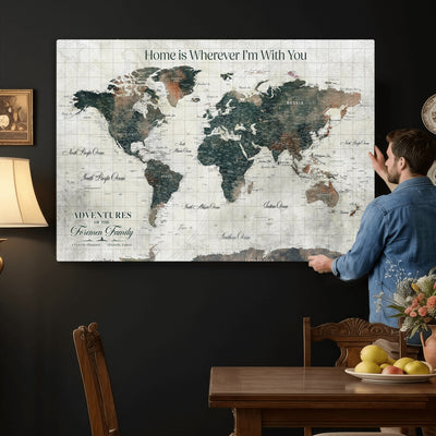 Personalized Framed Beige Push Pin Travel Map Canvas Print, Family Travel Tracker, Home Office and Hallway Decor