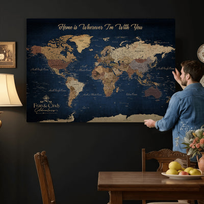 57774467-MGV-CV-36X24 - Custom Push Pin World Map Wall Art Canvas Print – Personalized Travel Tracker with Pins Framed Large for Home and Office Decor