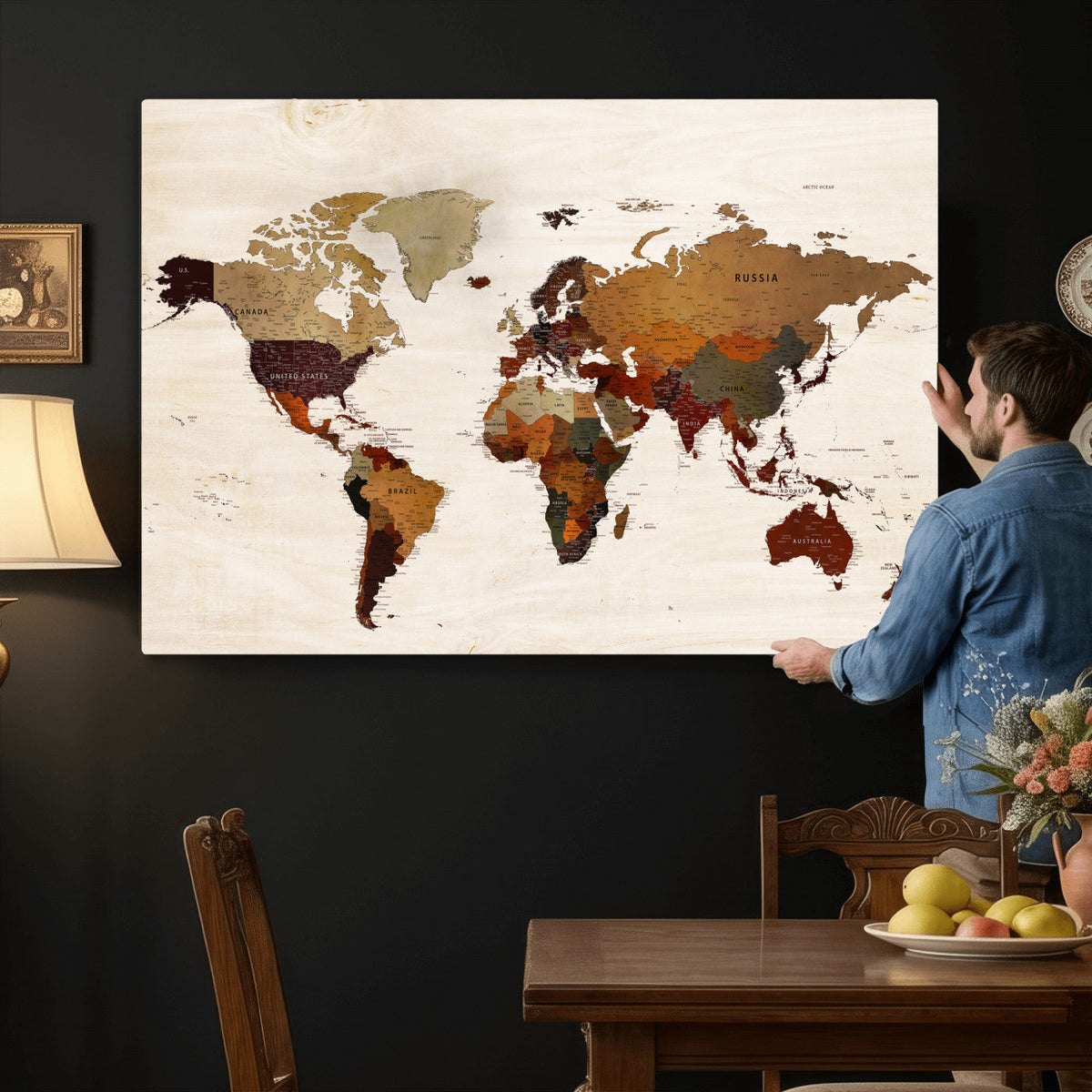 35728547D-MGV-CV-36X24 - Custom Push Pin World Map Wall Art Canvas Print – Personalized Travel Tracker with Pins Framed Large for Home and Office Decor
