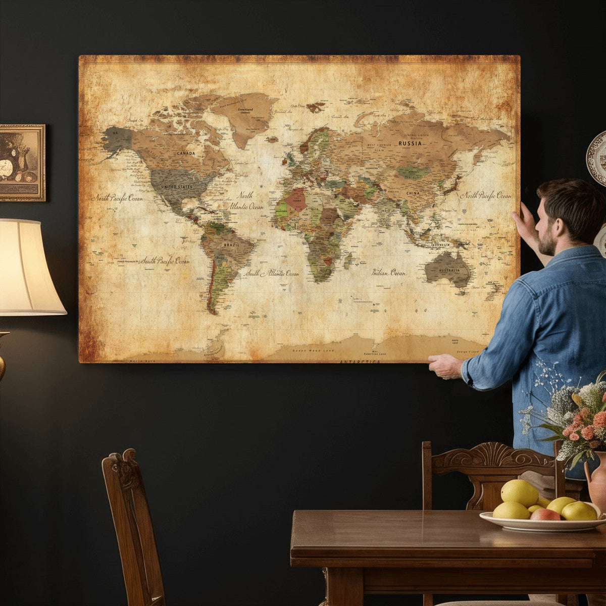26621467D-MGV-CV-36X24 - Custom Push Pin World Map Wall Art Canvas Print – Personalized Travel Tracker with Pins Framed Large for Home and Office Decor