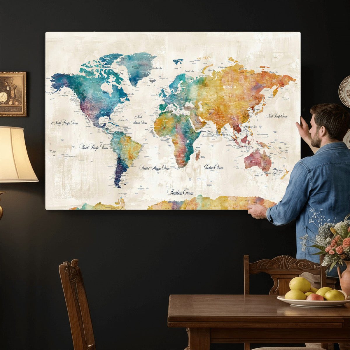 53654999D-MGV-CV-36X24 - Custom Push Pin World Map Wall Art Canvas Print – Personalized Travel Tracker with Pins Framed Large for Home and Office Decor