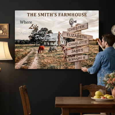 Personalized Farmhouse Family Signpost Canvas, Custom Name Wall Art