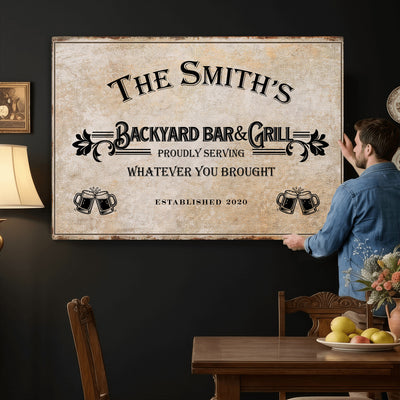 Custom Backyard Bar & Grill Sign, Personalized Family Name Arch Canvas