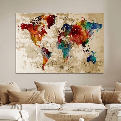 Push Pin World Map Canvas Print – Framed Wall Art for Couples to Track Their Travels – Anniversary Gift or Home Adventure Decor