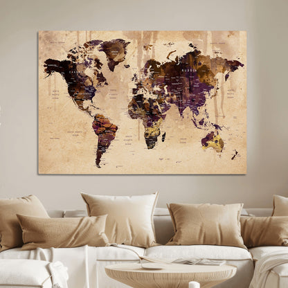 Push Pin World Map Canvas Print – Framed Wall Art for Couples to Track Their Travels – Anniversary Gift or Home Adventure Decor