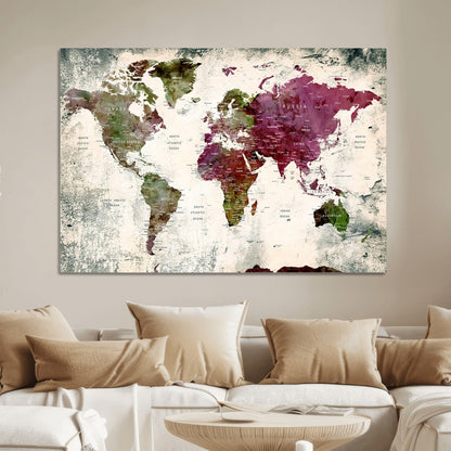 Push Pin World Map Canvas Print – Framed Wall Art for Couples to Track Their Travels – Anniversary Gift or Home Adventure Decor