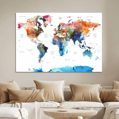 Push Pin World Map Canvas Print – Framed Wall Art for Couples to Track Their Travels – Anniversary Gift or Home Adventure Decor
