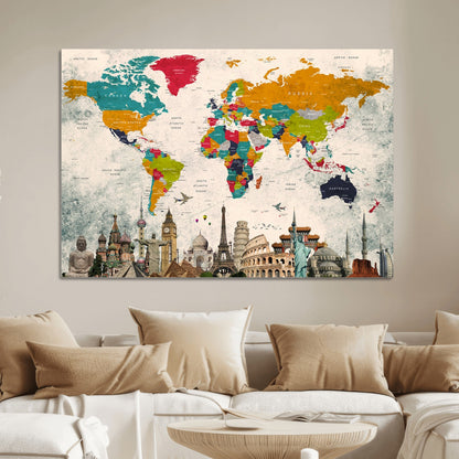 Push Pin World Map Canvas Print – Framed Wall Art for Couples to Track Their Travels – Anniversary Gift or Home Adventure Decor