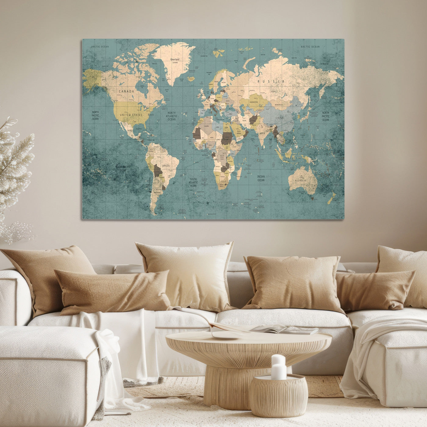 Classic World Map Wall Art Canvas Print, Framed Retro Map Art Picture Print, Vintage Atlas Perfect Rustic Explorer Decor Artwork