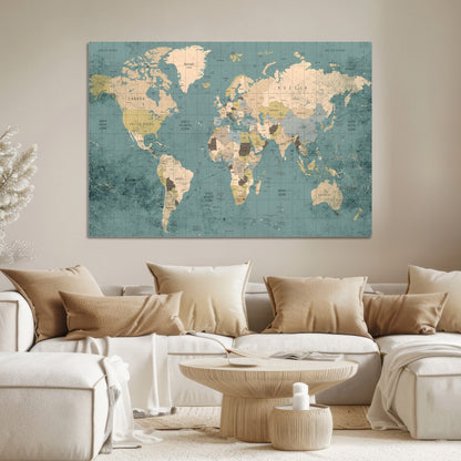 Classic World Map Wall Art Canvas Print, Framed Retro Map Art Picture Print, Vintage Atlas Perfect Rustic Explorer Decor Artwork