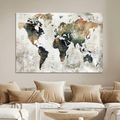 Push Pin World Map Canvas Print – Framed Wall Art for Couples to Track Their Travels – Anniversary Gift or Home Adventure Decor
