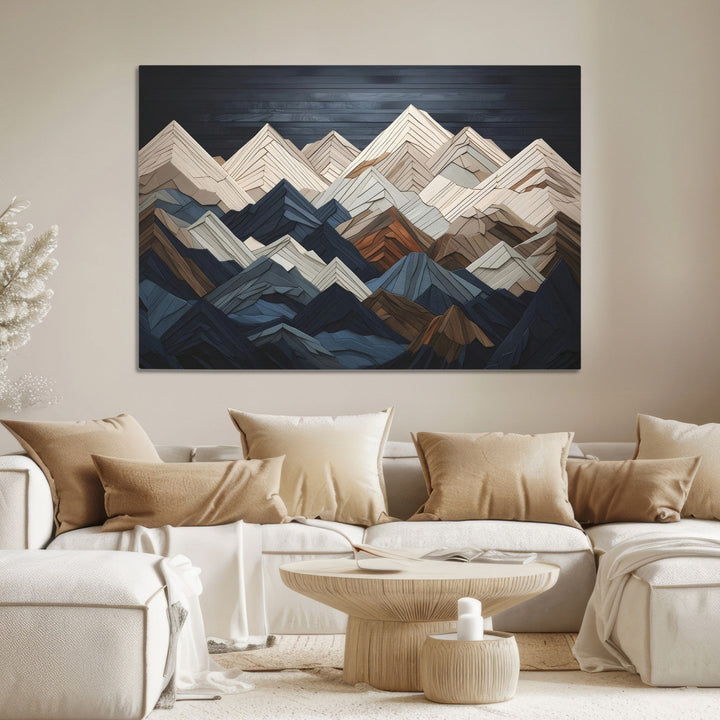 Rustic Mountain Landscape Wall Art Print - Wooden 3D Effect Mountain Canvas Print