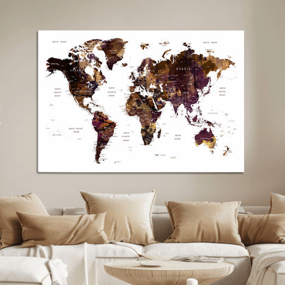 Push Pin World Map Canvas Print – Framed Wall Art for Couples to Track Their Travels – Anniversary Gift or Home Adventure Decor