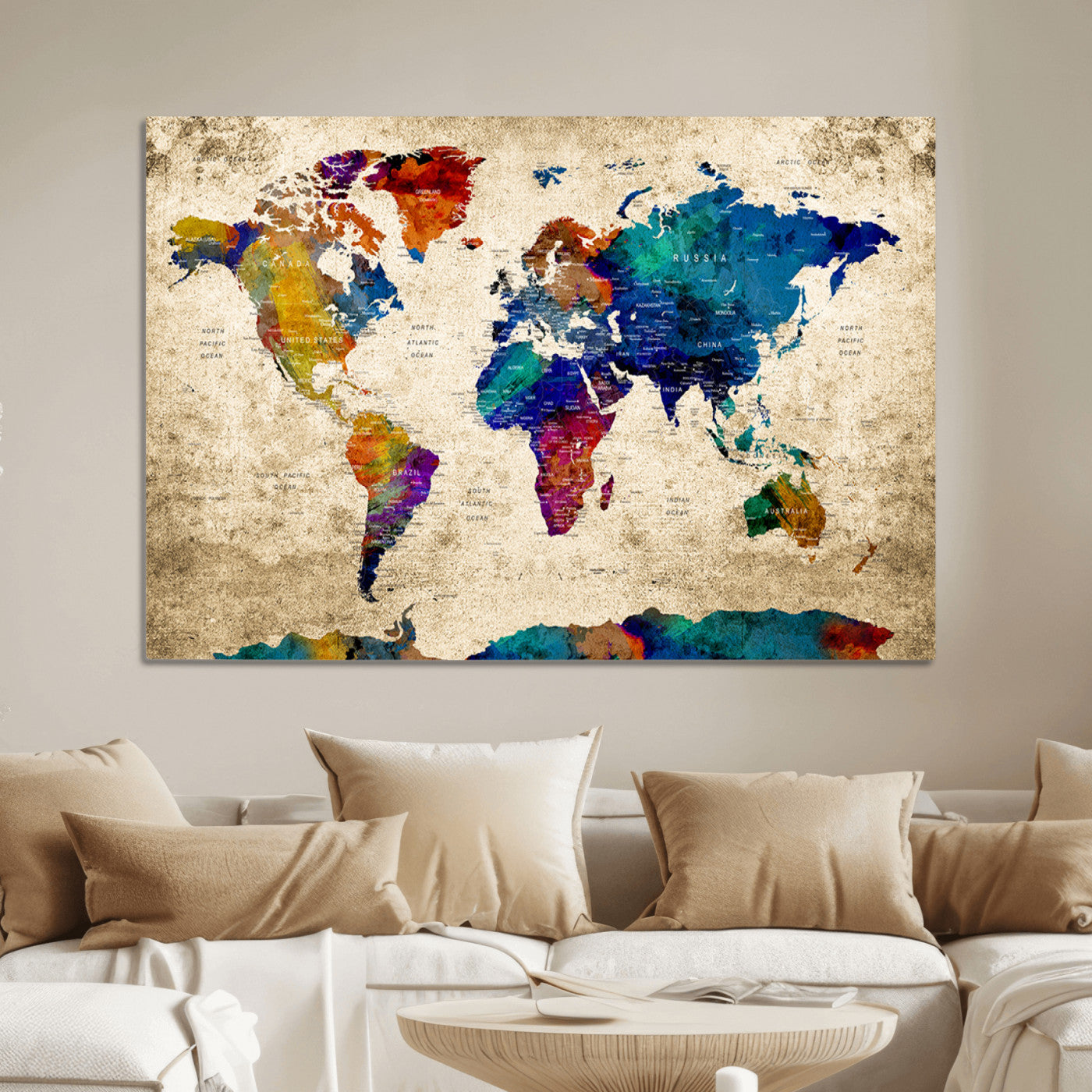 Push Pin World Map Canvas Print – Framed Wall Art for Couples to Track Their Travels – Anniversary Gift or Home Adventure Decor