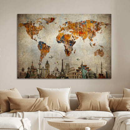 Push Pin World Map Canvas Print – Framed Wall Art for Couples to Track Their Travels – Anniversary Gift or Home Adventure Decor