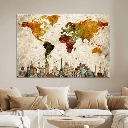 Push Pin World Map Canvas Print – Framed Wall Art for Couples to Track Their Travels – Anniversary Gift or Home Adventure Decor