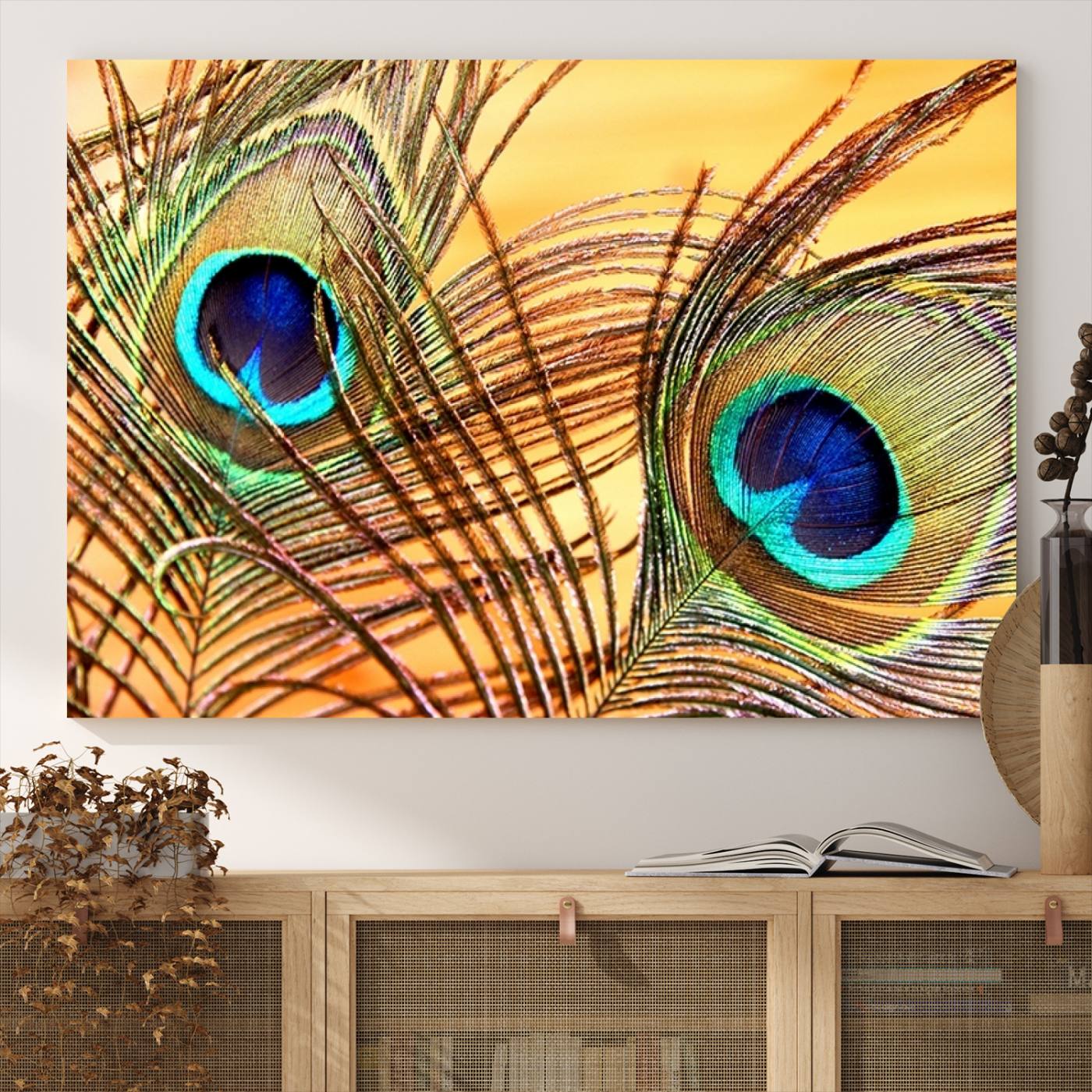 Peacock Feather Wall Art Print - Vibrant Green, Blue, and Orange Peacock Feather Design, Ready to Hang