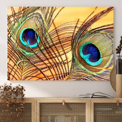 Peacock Feather Wall Art Print - Vibrant Green, Blue, and Orange Peacock Feather Design, Ready to Hang