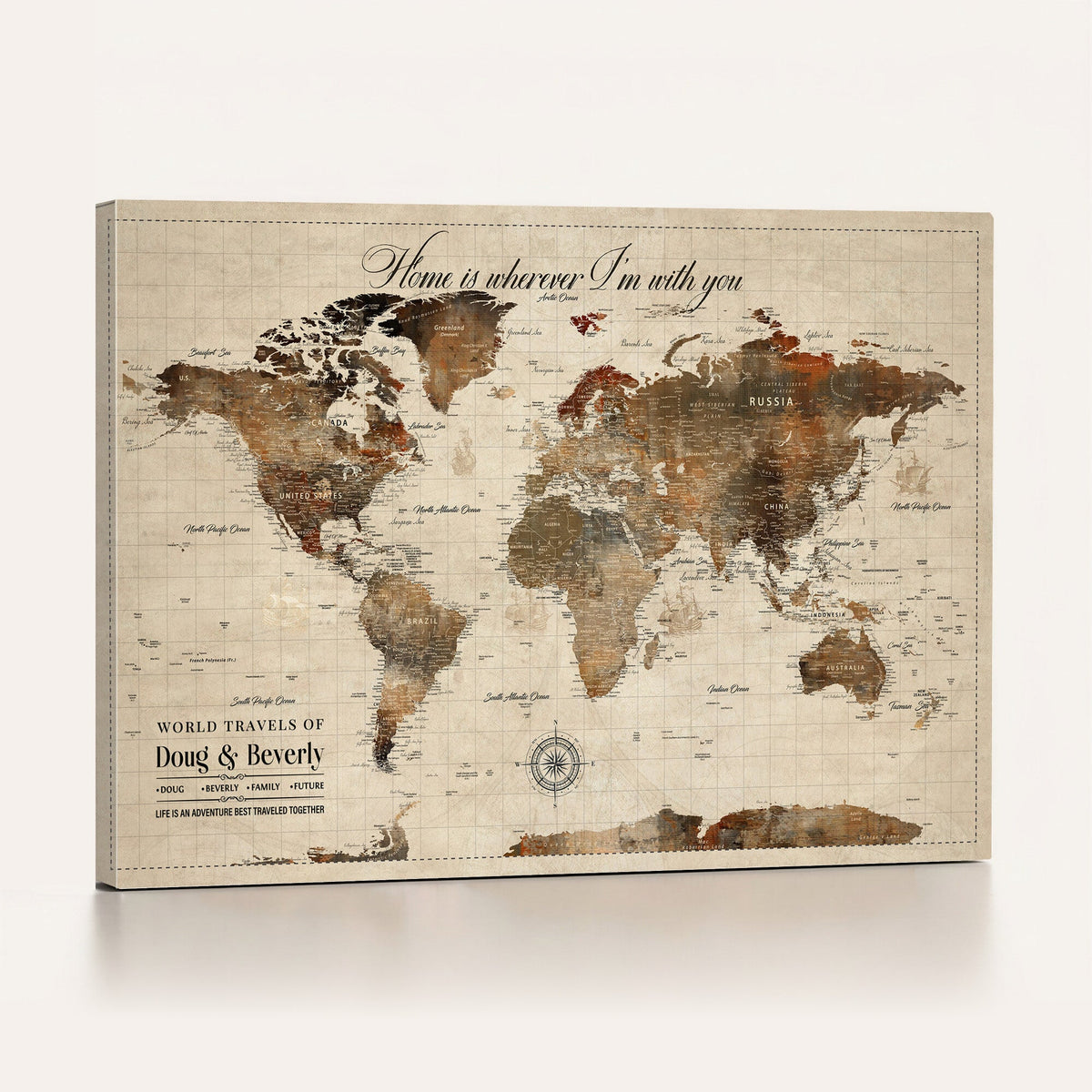Large Custom Framed Beige Vintage World Travel Map Wall Art with Pins, Couples Countries Visited Map, Living Room and Hallway Decor
