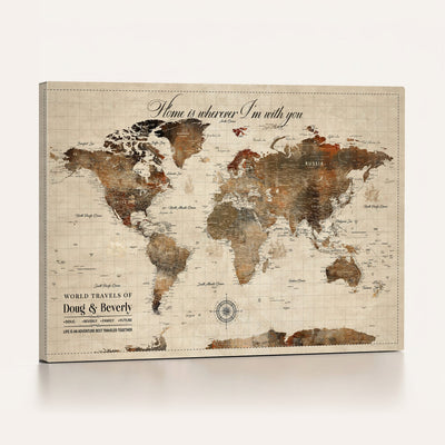 Large Custom Framed Beige Vintage World Travel Map Wall Art with Pins, Couples Countries Visited Map, Living Room and Hallway Decor