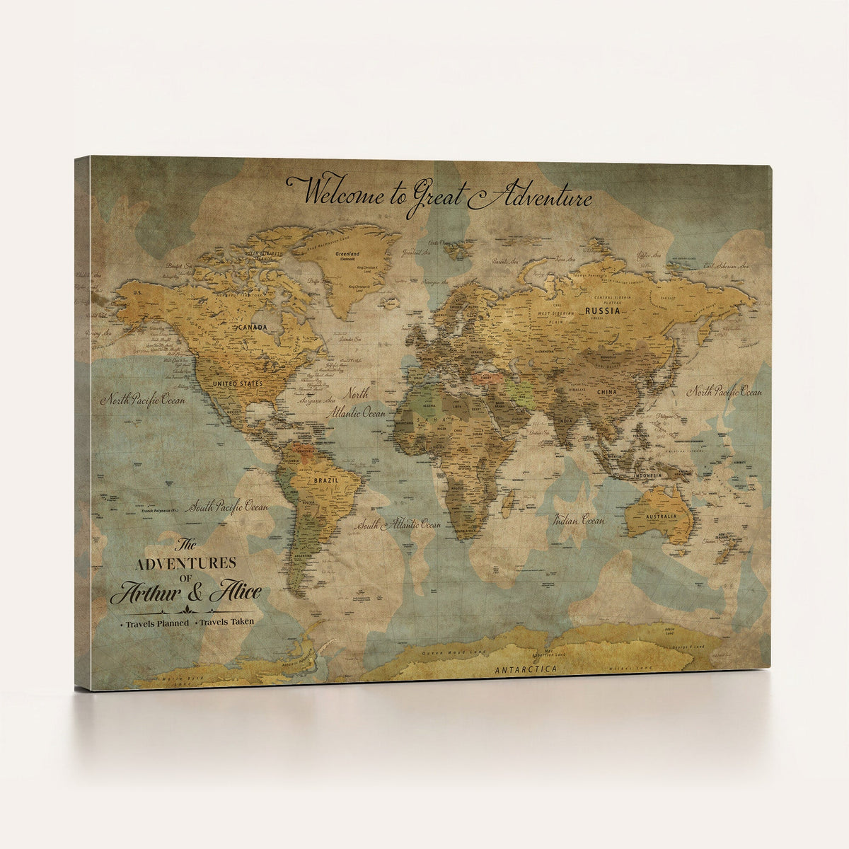 Custom Black Vintage Push Pin Travel Map Canvas Print, Kids Room Travel Map with Pins