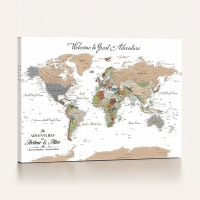 85396539-MGV-CV-36X24 - Custom Beige Push Pin World Map Wall Art, Bucket List Map, Study and Hallway Decor