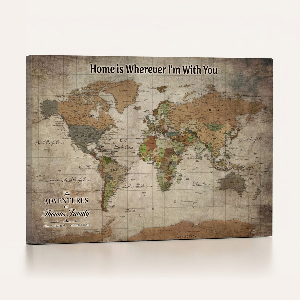 22593671-MGV-CV-36X24 - Personalized Beige Geometric World Map Canvas with Push Pins, Next Trip Planner Map, Study and Entryway Decor