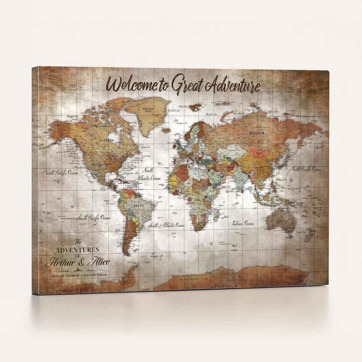 94821994-MGV-CV-36X24 - Personalized Beige Vintage Push Pin Travel Map Canvas Print, Honeymoon and Anniversary Gift, Dining Room and Study Decor