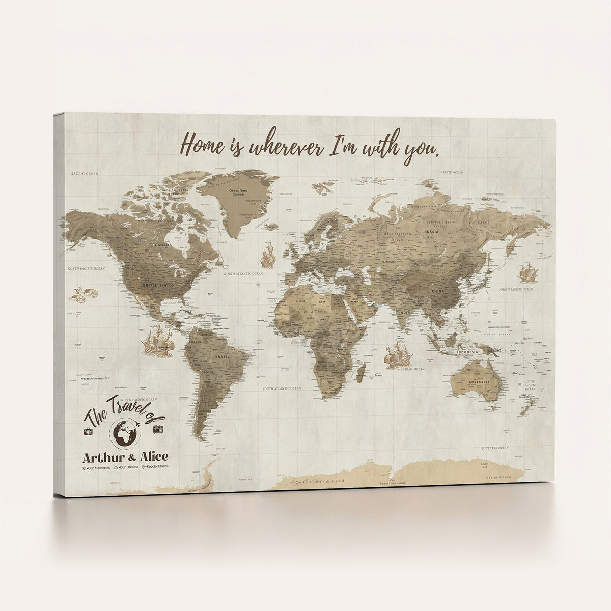 Custom Beige Geometric World Map Canvas with Push Pins, Honeymoon and Anniversary Gift, Dining Room and Hallway Decor